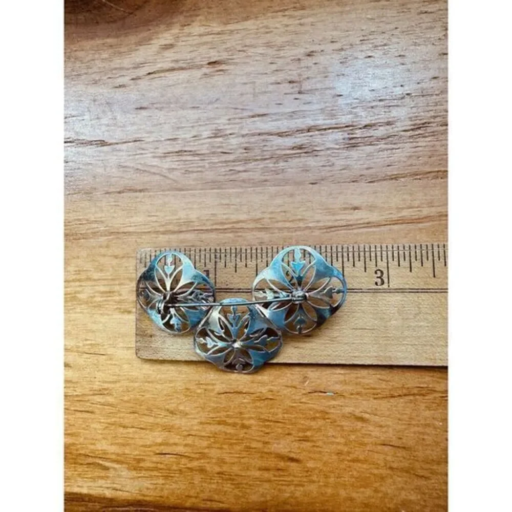 Vintage Sterling Silver Hand Painted‎ Flower Pin Brooch With Screw back Earrings
